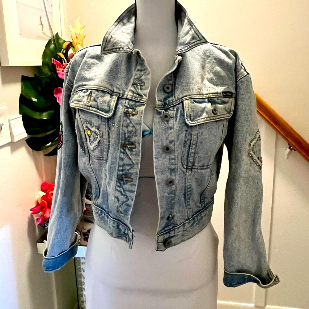 VINTAGE 1980’s Velvet Studded Dakota Blue Denim Jean Jacket - M